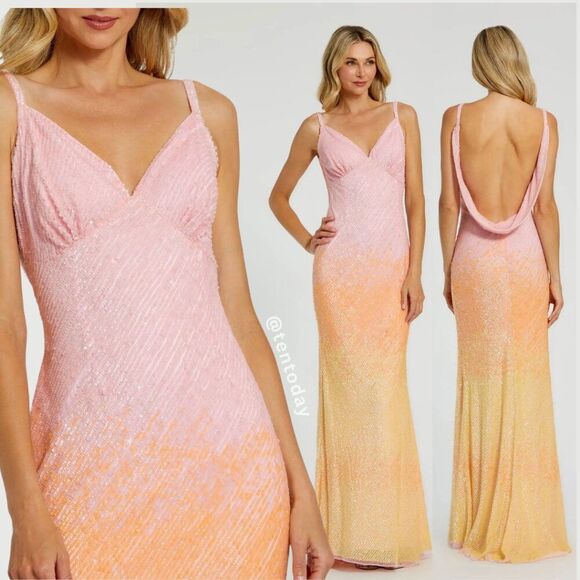 Mac Duggal Size 6 Pastel Ombre Pink Orange Yellow Sequin Long Maxi Gown Dress - Picture 1 of 5
